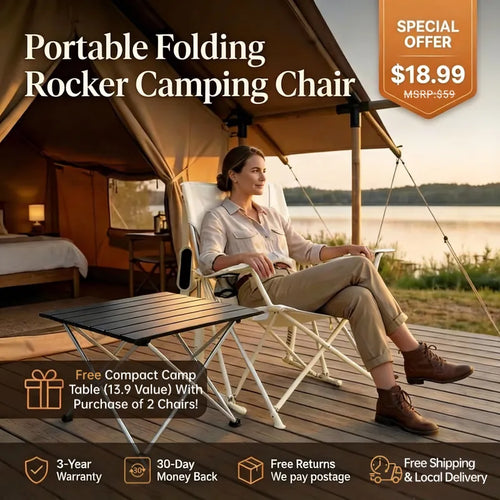 Quick-Fold Portable Rocking Chair with Storage Pocket & Cup Holder