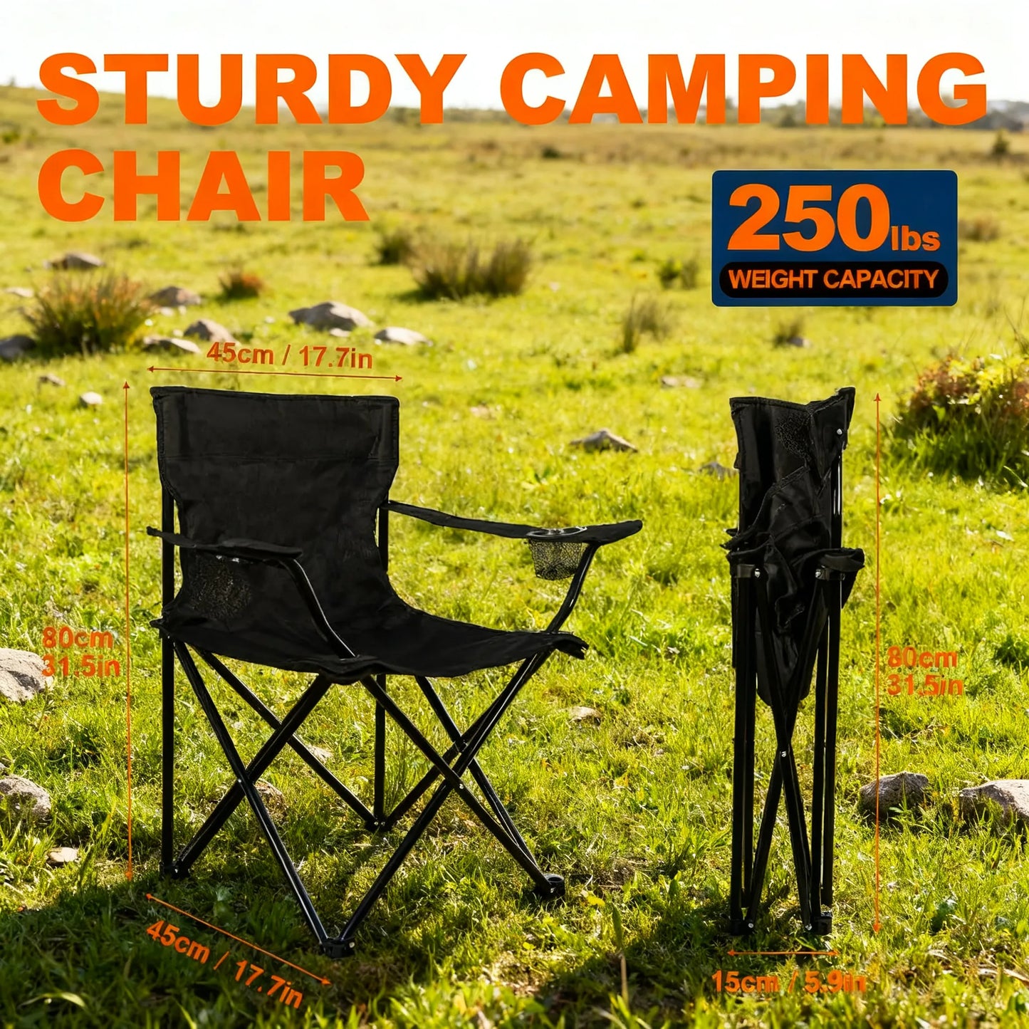 2 Pack Folding Camping Chairs, 250LBS Capacity & Portable
