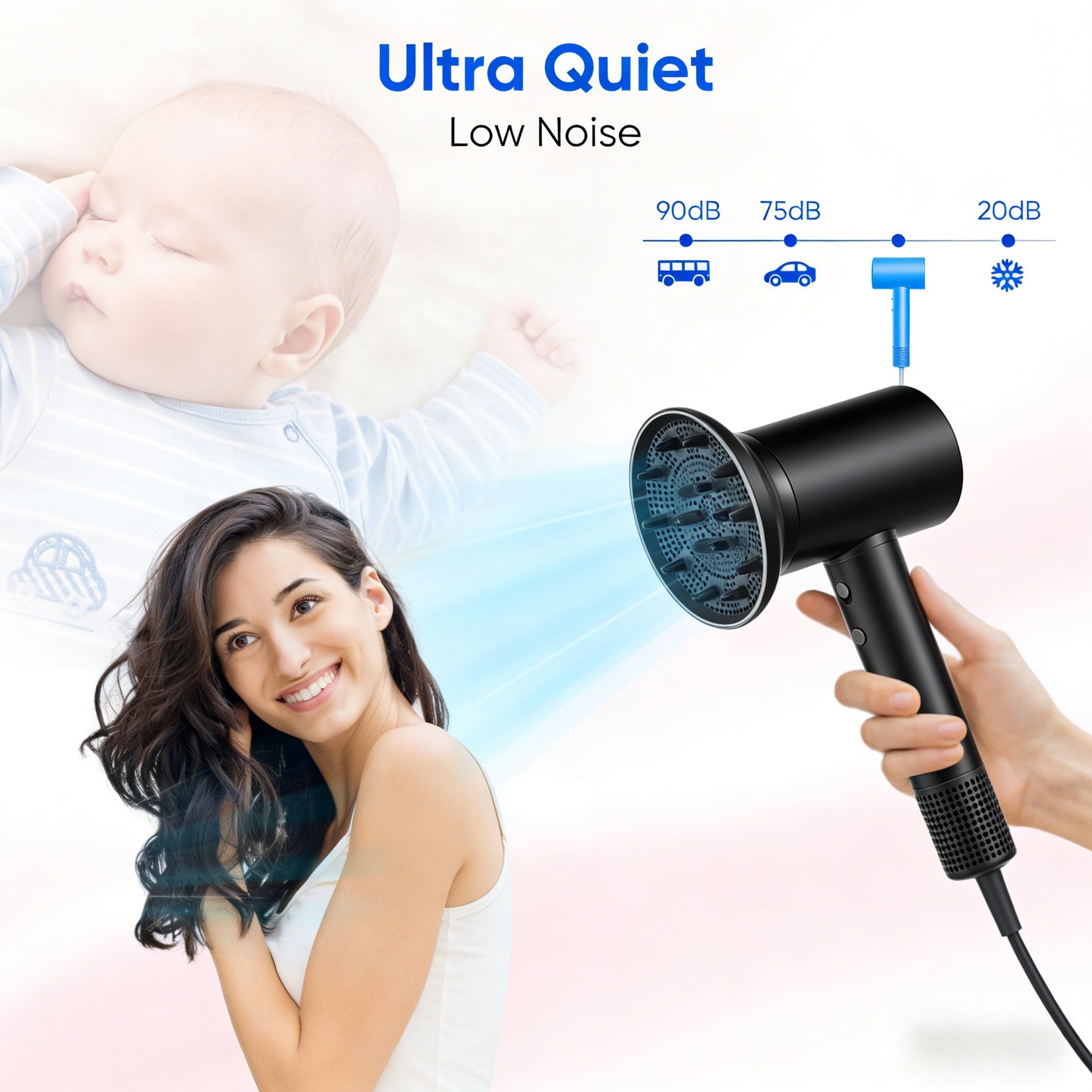 Ultra-Quiet Ionic Hair Dryer with Fast Drying & Magnetic Attachments