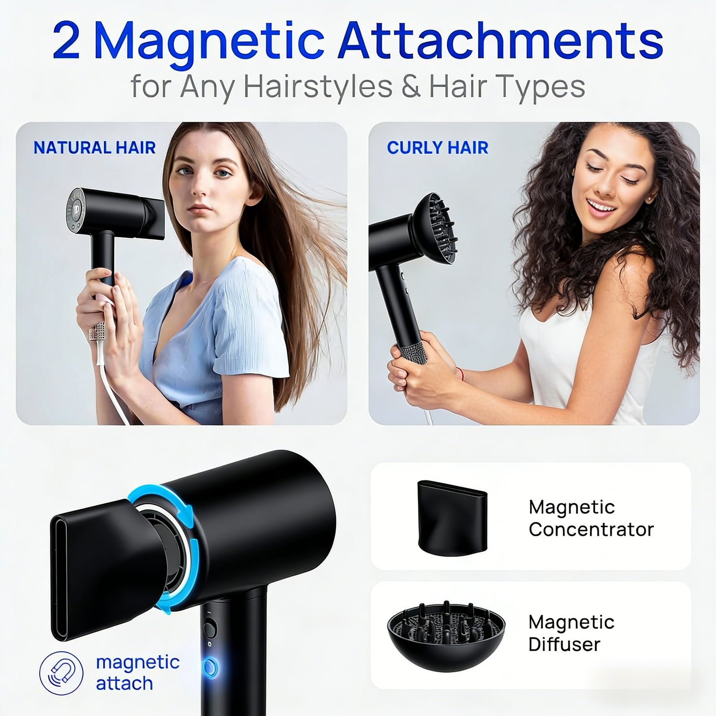 Ultra-Quiet Ionic Hair Dryer with Fast Drying & Magnetic Attachments