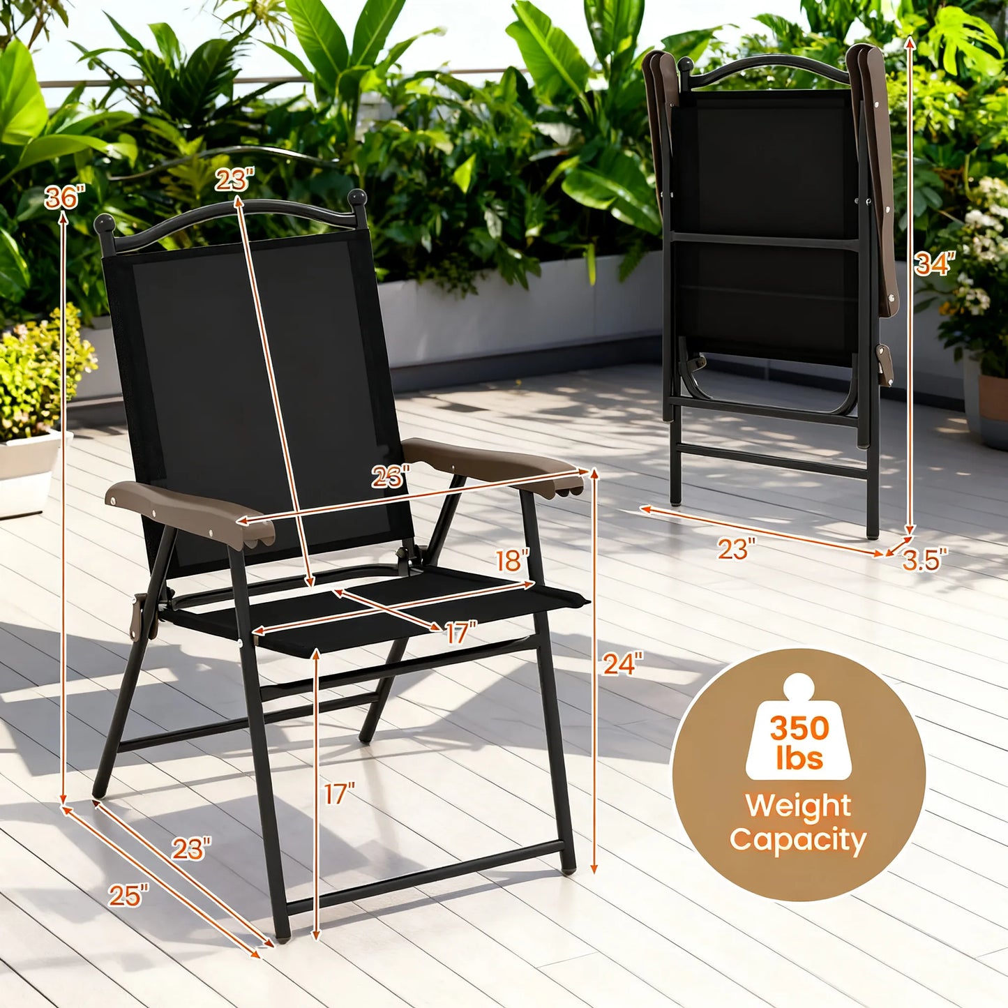 2-Pack Outdoor Folding Chairs, Metal Frame & Sling Back, Instant Setup